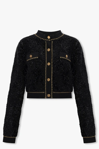 Shop Versace Tweed Cardigan In Black