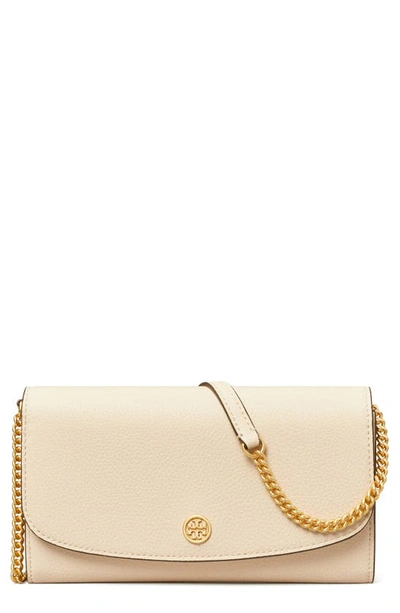 Shop Tory Burch Robinson Leather Wallet On A Chain In New Cream