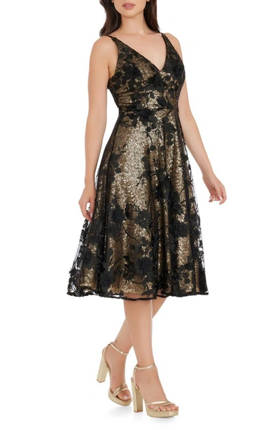 Shop Dress The Population Elisa Floral Sequin Fit & Flare Dress In Brushed Gold M