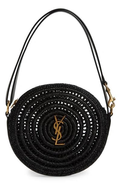 Shop Saint Laurent Woven Raffia Round Camera Bag In Noir/ Noir