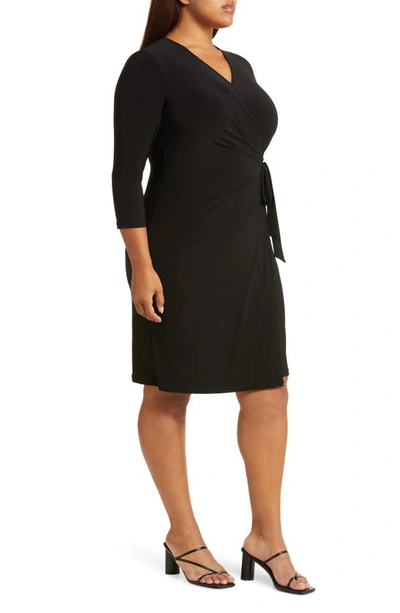 Shop Anne Klein Long Sleeve Solid Faux Wrap Dress In Anne Black