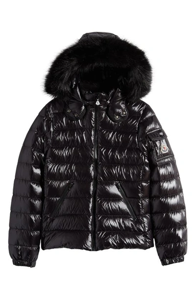 Shop Moncler Kids' Bady Nylon Down Hooded Jacket With Faux Fur Trim In Black