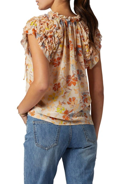 Shop Joie Tezza Floral Split Neck Ruffle Sleeve Silk Blouse In Apricot Buff Multi