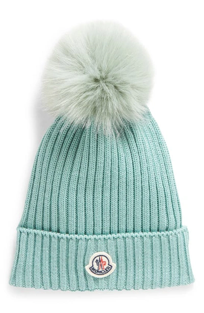 Shop Moncler Kids' Ribbed Wool Beanie With Faux Fur Pompom In Green