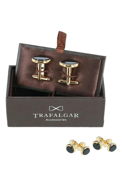 Trafalgar Sutton Genuine Onyx Formal Set (cufflinks & Tuxedo Studs) In 24 Karat Gold And Genuine Onyx