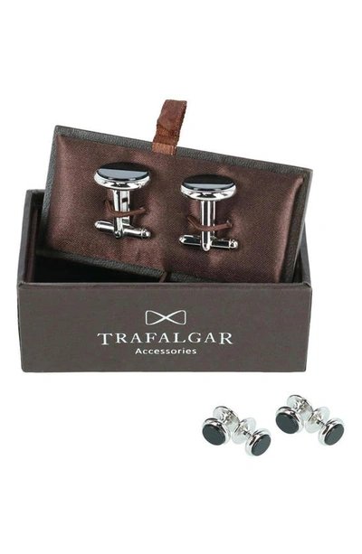 Trafalgar Sutton Genuine Onyx Formal Set (cufflinks & Tuxedo Studs) In Rhodium And Genuine Onyx