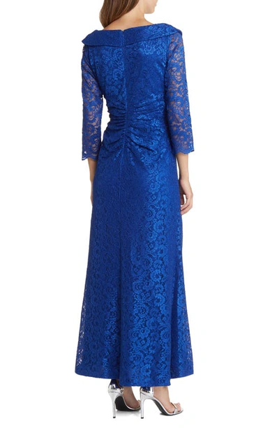 Shop Marina Embellished Ruched Lace Column Gown In Royal