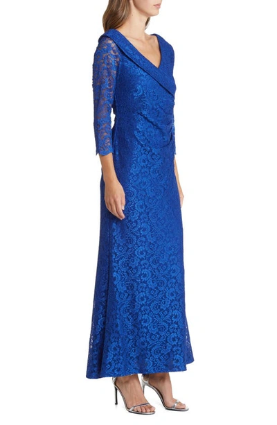 Shop Marina Embellished Ruched Lace Column Gown In Royal