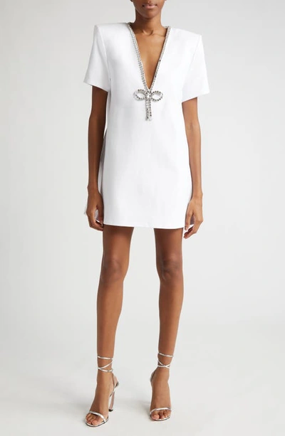 Shop Area Crystal Bow V-neck Ponte Knit T-shirt Minidress In White