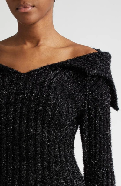 Shop A. Roege Hove Ara Cutout Off The Shoulder Metallic Rib Sweater In Black