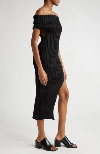 Shop A. Roege Hove Ara Ribbed Off The Shoulder Asymmetric Sweater Dress In Black