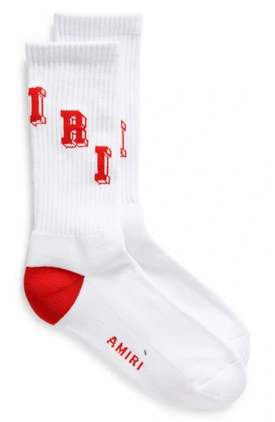 Shop Amiri Collegiate Logo Cotton Blend Rib Socks In White/ Red