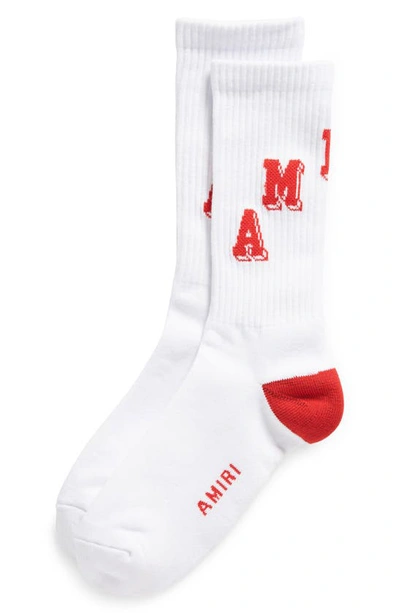 Shop Amiri Collegiate Logo Cotton Blend Rib Socks In White/ Red