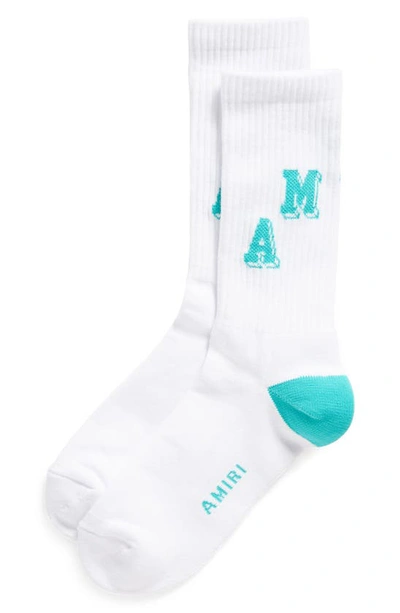 Shop Amiri Collegiate Logo Cotton Blend Rib Socks In White / Aqua