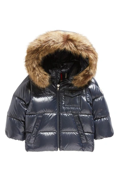 Shop Moncler Kids' K2f Down Jacket With Faux Fur Trim In Navy
