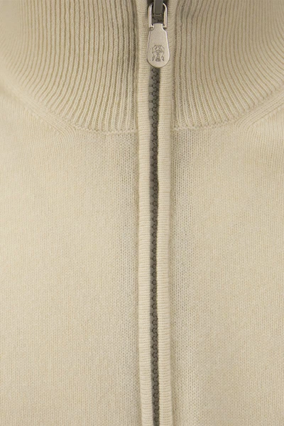 Shop Brunello Cucinelli Cashmere Turtleneck Sweater With Zip In Sand