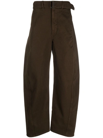 Shop Lemaire Belted Denim Cotton Jeans In Brown