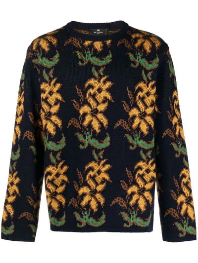 Shop Etro Wool Sweater With Floral Inlay In Multicolour