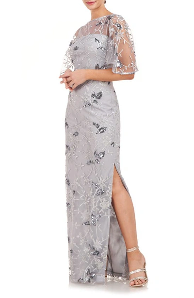 Js Collections Daphne Embroidered Sequin Column Gown In Silver