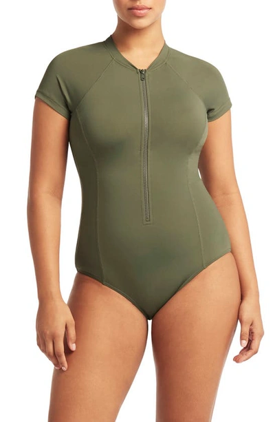 Shop Sea Level Short Sleeve Multifit Front Zip One-piece Swimsuit In Khaki