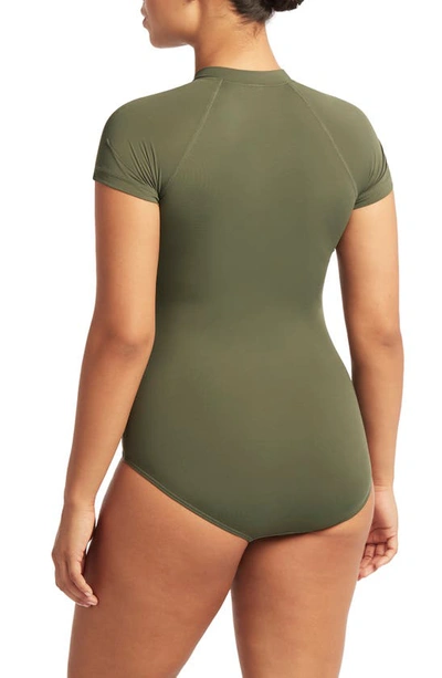 Shop Sea Level Short Sleeve Multifit Front Zip One-piece Swimsuit In Khaki