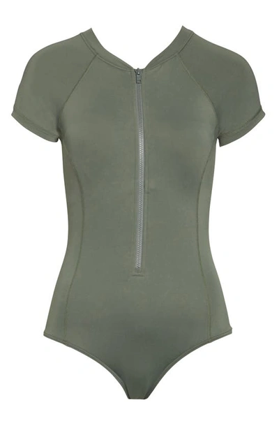 Sea Level Short Sleeve Multifit Front Zip One-piece Swimsuit In Khaki