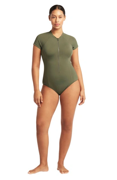 Shop Sea Level Short Sleeve Multifit Front Zip One-piece Swimsuit In Khaki