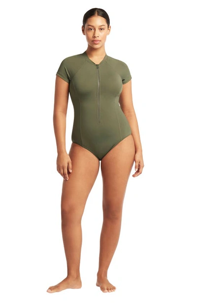 Sea Level Short Sleeve Multifit Front Zip One-piece Swimsuit In Khaki