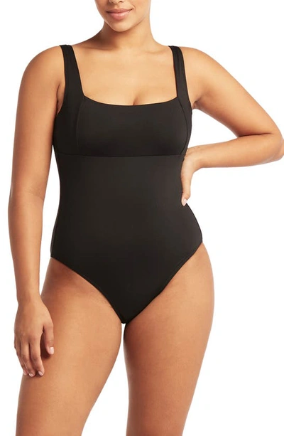 Shop Sea Level Square Neck One-piece Swimsuit In Black