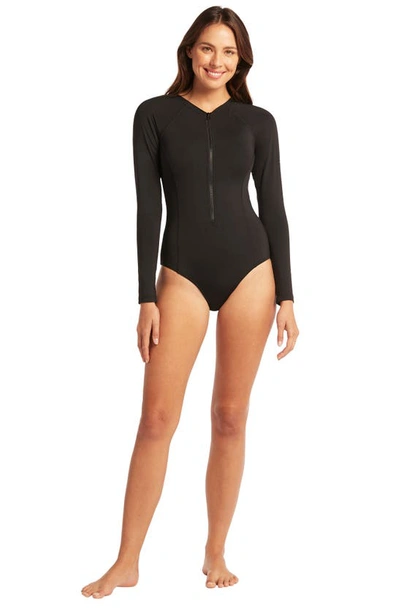 Shop Sea Level Long Sleeve One-piece Swimsuit In Black