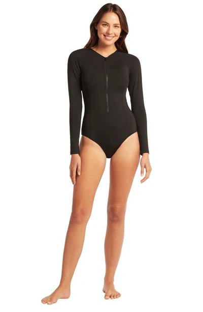 Sea Level Long Sleeve One-piece Swimsuit In Black