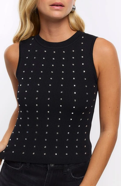 River Island Embellished Sleeveless Rib Sweater In Black
