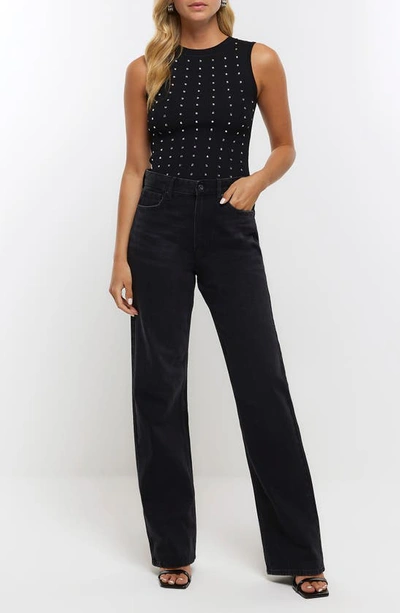 River Island Embellished Sleeveless Rib Sweater In Black