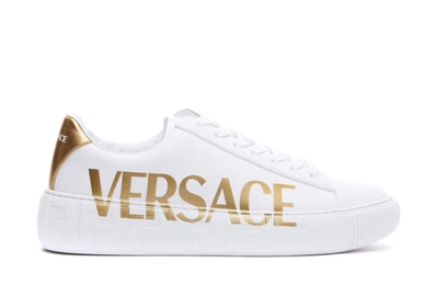 Versace Logo Leather Low-top Sneakers In White/gold | ModeSens