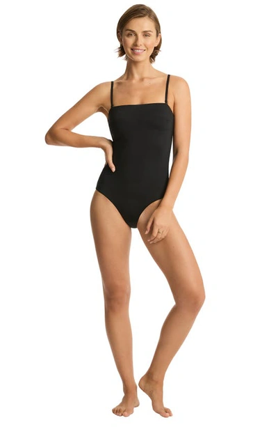 Shop Sea Level High Leg Bandeau One-piece Swimsuit In Black