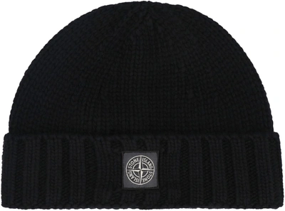 Shop Stone Island Knitted Virgin Wool Hat In Black