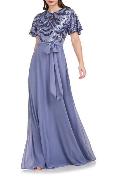 Shop Js Collections Petra Sequin Flutter Sleeve Chiffon Gown In Blue Slate