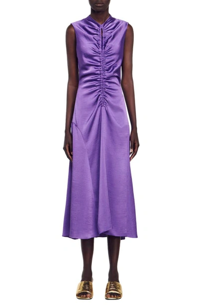 Shop Sandro Titanic Sleeveless Ruched Satin Dress In Purple
