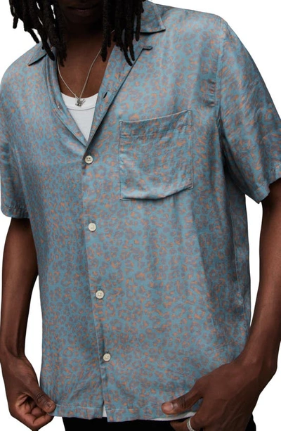 Shop Allsaints Inverse Leopard Print Camp Shirt In Kingfisher Blue