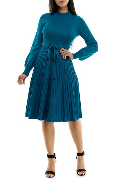 Shop Nina Leonard Tie Waist Fit & Flare Sweater Dress In Teal