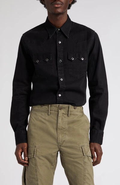 Double Rl Slim Fit Denim Western Snap-up Shirt In Black