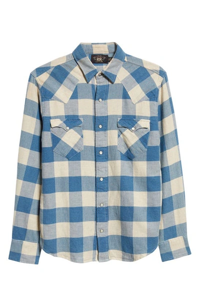Shop Double Rl Slim Fit Buffalo Plaid Cotton & Linen Twill Western Snap-up Shirt In Rl 158 Indigo Cream