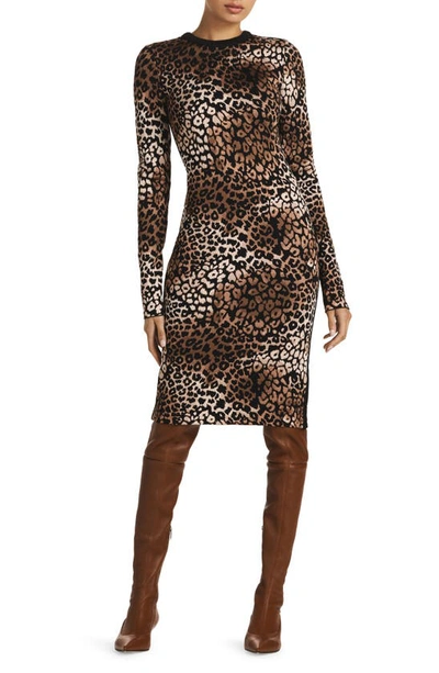 Shop St John Leopard Jacquard Long Sleeve Body-con Knit Dress In Camel/ Black Multi