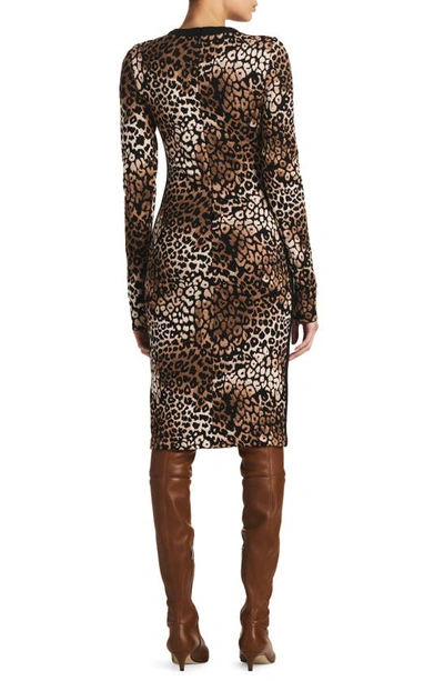 Shop St John Leopard Jacquard Long Sleeve Body-con Knit Dress In Camel/ Black Multi
