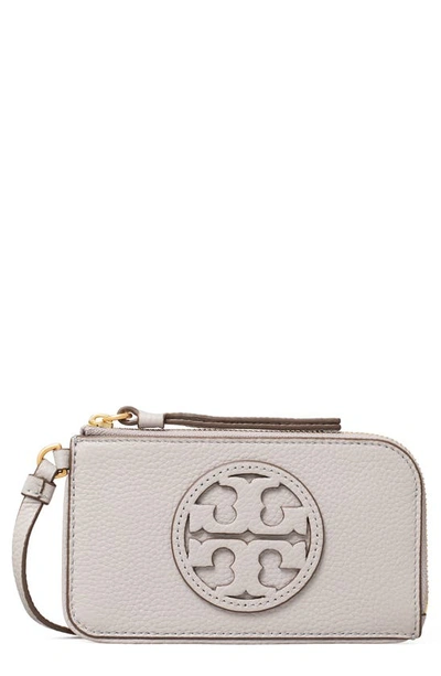 Shop Tory Burch Miller Top Zip Leather Card Case In Bay Gray