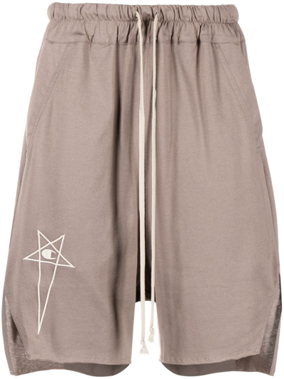 Shop Rick Owens X Champion Beveled Pods Logo-embroidered Cotton Shorts In Brown