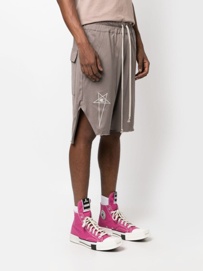 Shop Rick Owens X Champion Beveled Pods Logo-embroidered Cotton Shorts In Brown