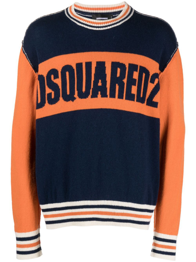 Shop Dsquared2 Blue College Logo-jacquard Wool Sweater In Blau