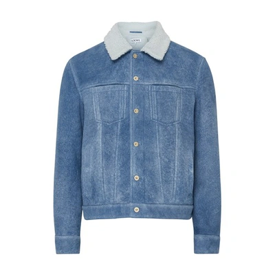 Shop Loewe Denim Jacket With Shearling Collar In White_indigo_blue