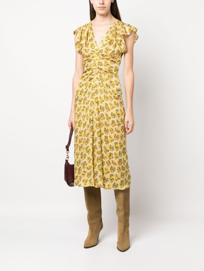 Isabel Marant Lyndsay Ruched Floral Print Midi Dress In Gelb